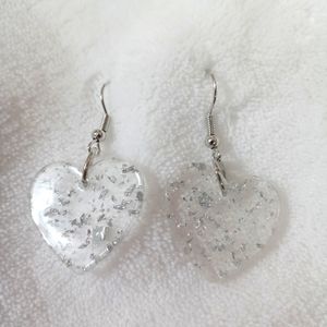 Clear heart silver tone earrings